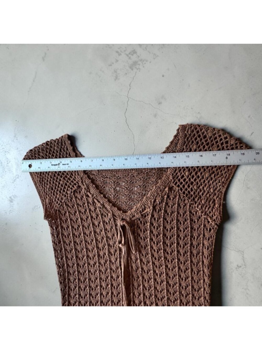 Crochet Brown Tunic Top Retro Boho with Cap Sleeves Tie Neck Detailed Bead Hem - Picture 5 of 13